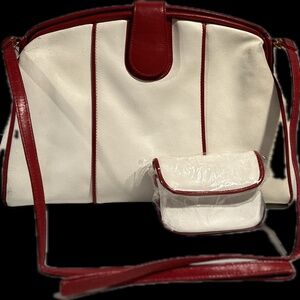 Vintage White Red Leather Shoulder Bag Clutch Purse with Coin Purse